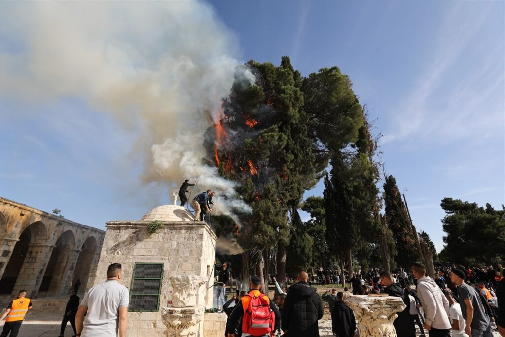 Trees on fire in Al-Aqsa mosque