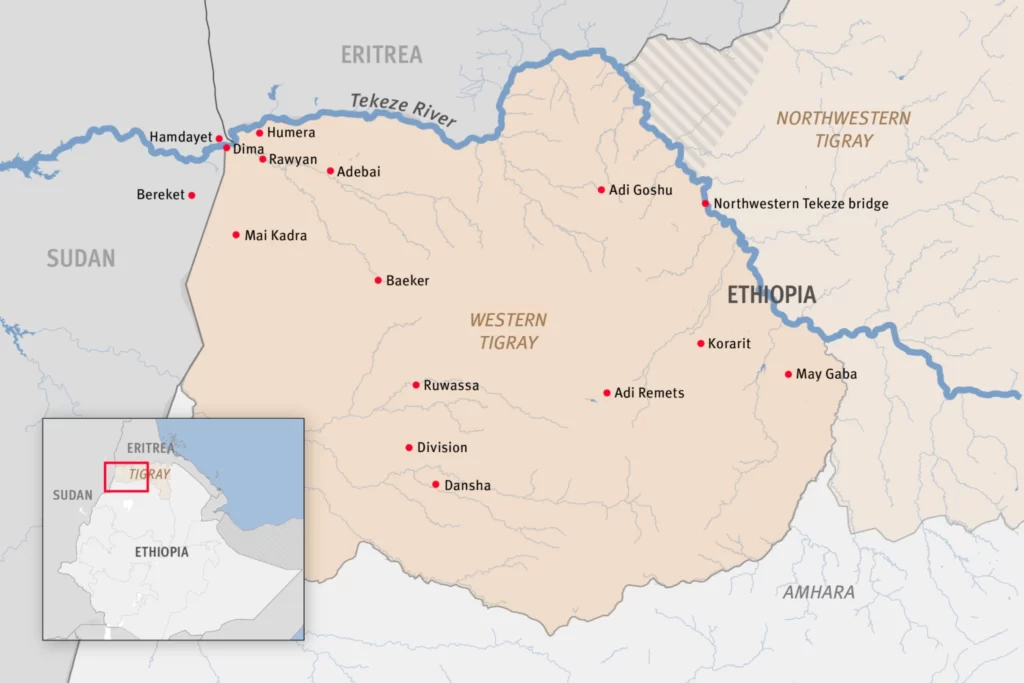 The image depicts a map of the Western Tigray Zone in Ethiopia. 