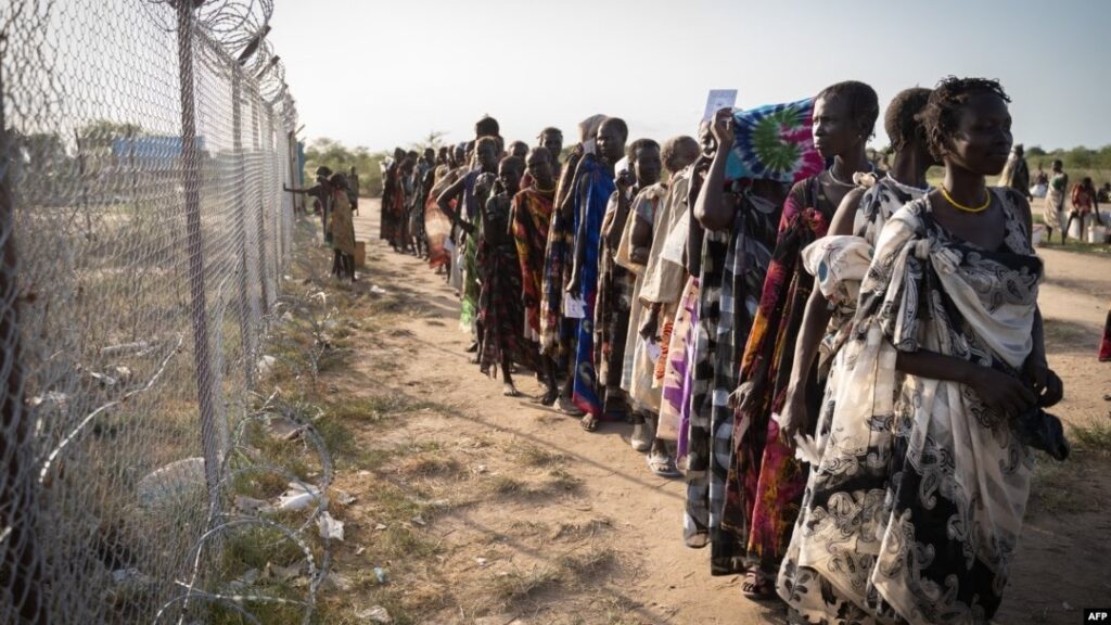 Women making a queue for food distribution by the United Nations World Food Program (WFP) in South Sudan.
