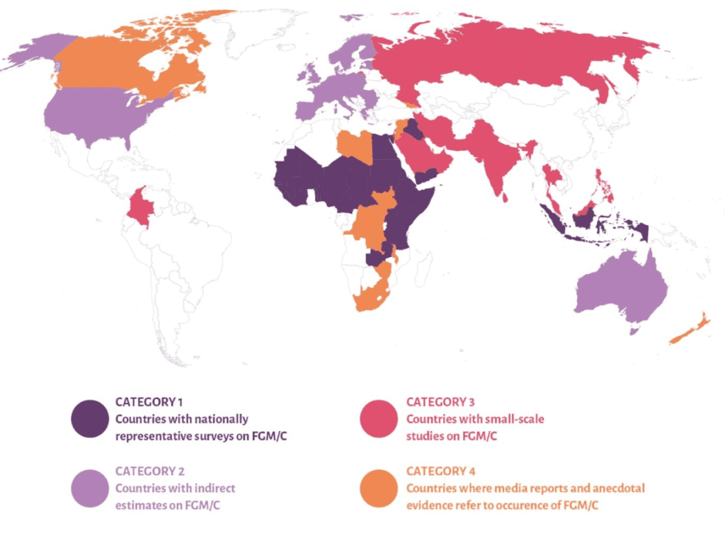Map illustrates the prevalence of Female Genital Mutilation worldwide as a result of deep-rooted gender inequality.