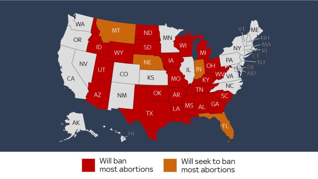 Image illustrates the US states which will ban or seek to ban abortion following the ruling in Roe v Wade. 