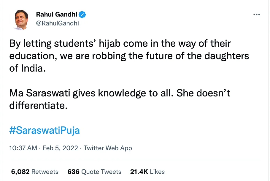 Rahul Gandhi's tweet on Hijab Controversy