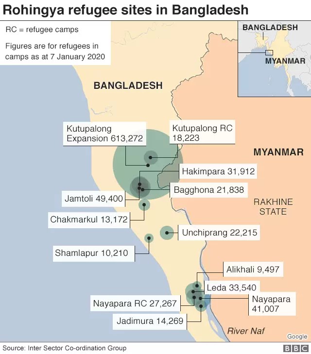 Rohingya refugee sites in Bangladesh shown on a map.
