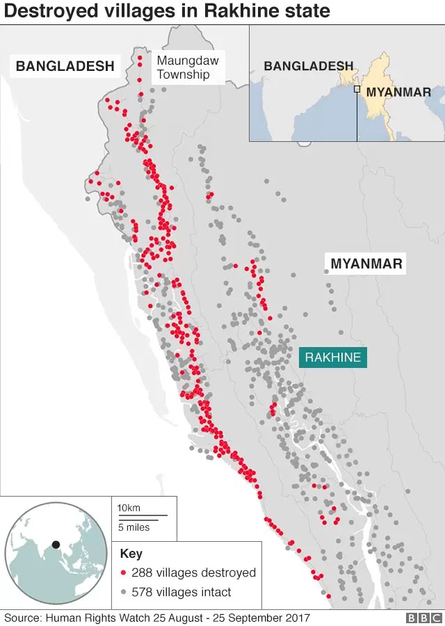 Map showing destroyed villages in Rakhine state.