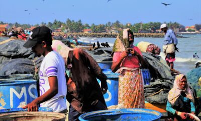 Sri Lankan fishermen working on the river bank.