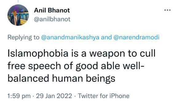 Anil Bhanot's Islamophobic tweets.
