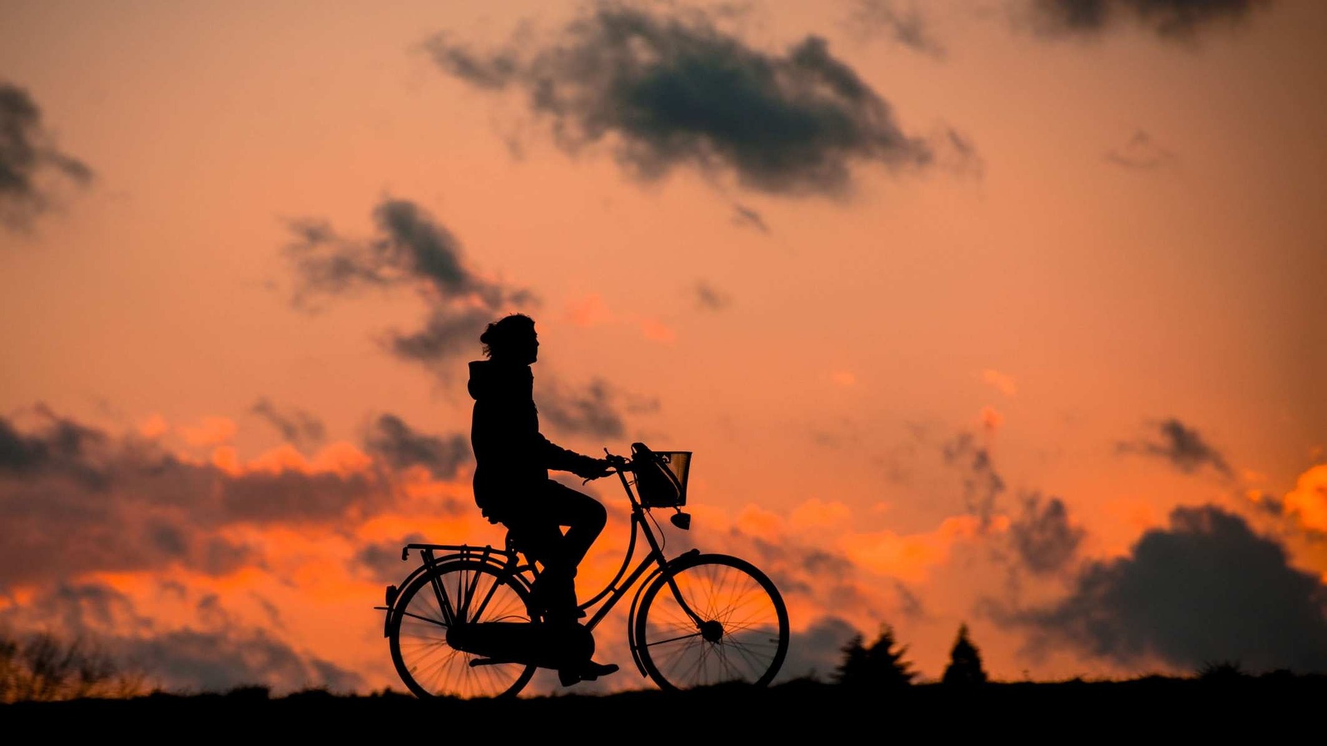 A man riding a bike and the sun is setting