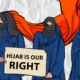 Animated image showing Hijab wearing girls holding signs saying "Hijab is our right"