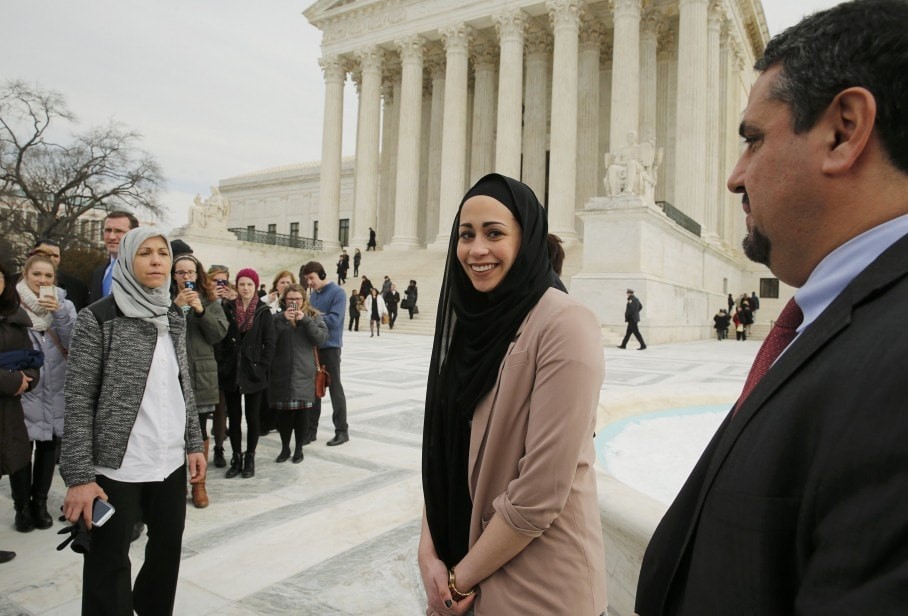 Samantha Elauf (center) outside the U.S. Supreme Court in Washington, Feb. 25, 2015