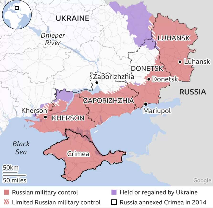 The Western Hypocrisy of Russia v Israel. Map illustrates the regions of Ukraine annexed by Russia.