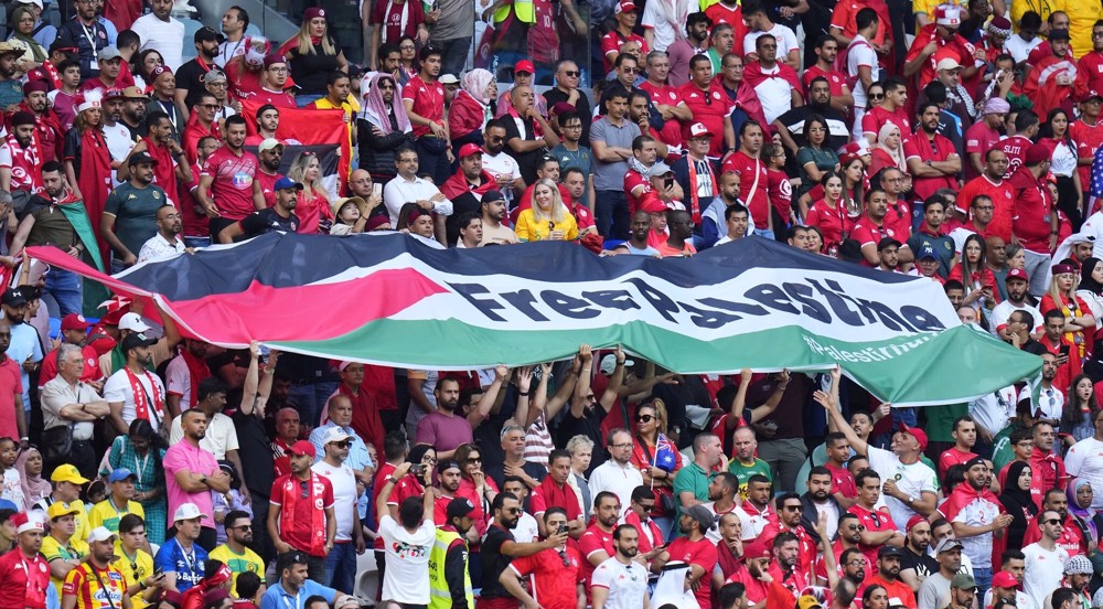 The Tunisian fans holding a huge banner of Free Palestine in Qatar World Cup FIFA 2022